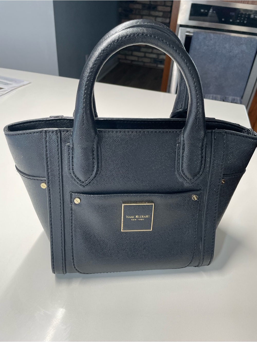 Isaac Mizrahi Black Saffiano Leather Mini Tote with Gold Accents